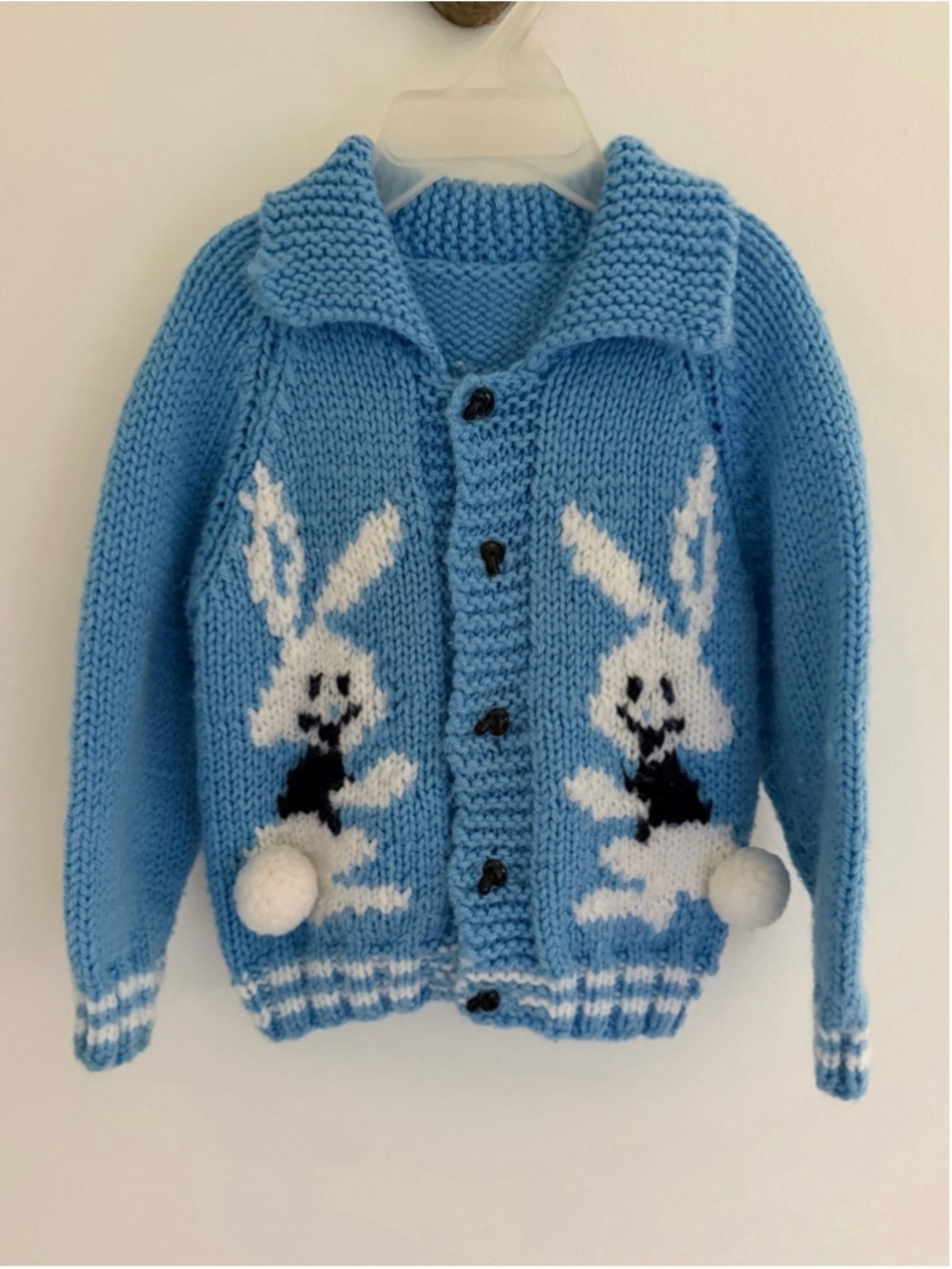 Handmade Bunny Rabbit Knit Cardigan Blue Pom Pom Vintage Inspired